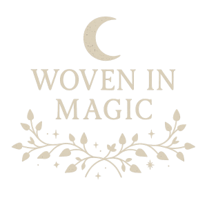 Text design featuring the phrase 'Woven in Magic' with decorative floral elements and a crescent moon.
